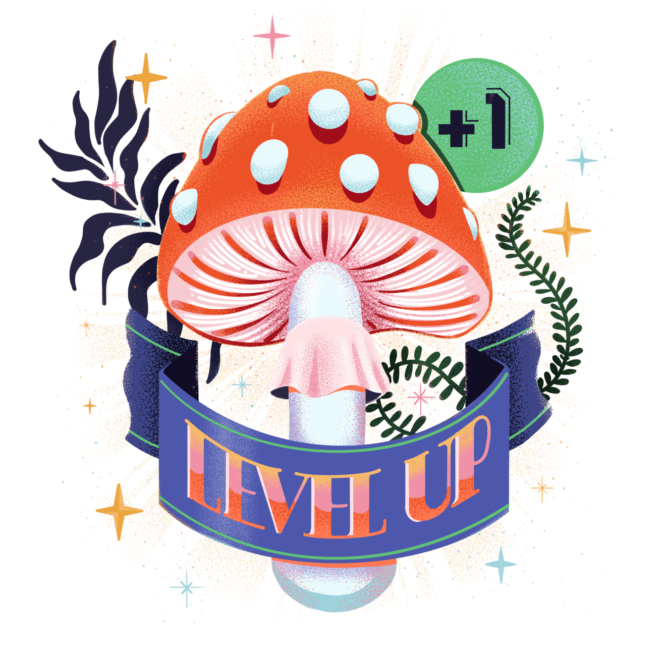 illustration of amanita muscoria mushroom with a level up label and little floating stars around it